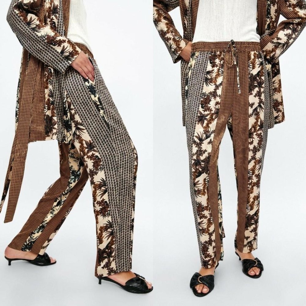 Zara Drawstring Flowy Multi-Print Pants, Size XL (1971/773/983)
